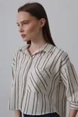 Çizgili Kısa Gömlek - Bej-Lacivert thumbnail 4