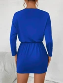 Kadın Uzun Kollu önden Fermuarlı Beli Bağcıklı Kısa Viskon Iki Iplik Elbise thumbnail 3