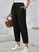 Kadın Yüksek Bel Yandan Cepli Düğme Detaylı Geniş Kesim Ithal Krep Pantolon thumbnail 3