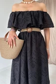 Siyah Omzu Lastikli Brode Elbise thumbnail 3
