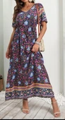 Kadın Kısa Kollu Beli Lastikli çiçek Desen Tam Boy Elbise thumbnail 1