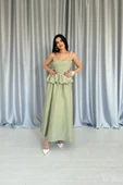 Yeşil Beli Büzgülü İnci Askılı Uzun Elbise thumbnail 1