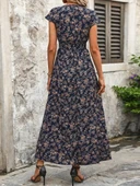 Kadın Kısa Kollu Kruvaze Yakalı çiçek Desenli Belden Lastikli Süprem Uzun Elbise thumbnail 5