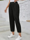 Kadın Yüksek Bel Yandan Cepli Düğme Detaylı Geniş Kesim Ithal Krep Pantolon thumbnail 4