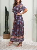 Kadın Kısa Kollu Beli Lastikli çiçek Desen Tam Boy Elbise thumbnail 2