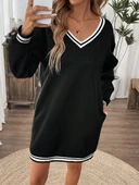 Kadın Uzun Kollu V Yakalı şerit Detaylı Kısa Viskon Iki Iplik Elbise thumbnail 4