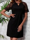 Kadın Dantelli Kısa Kollu Damla Yaka Krep Elbise thumbnail 6