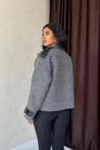Gri Çizgili Deri Garnili Ceket - 3