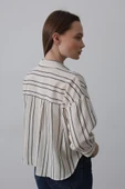 Çizgili Kısa Gömlek - Bej-Lacivert thumbnail 3