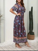 Kadın Kısa Kollu Beli Lastikli çiçek Desen Tam Boy Elbise thumbnail 4