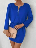 Kadın Uzun Kollu önden Fermuarlı Beli Bağcıklı Kısa Viskon Iki Iplik Elbise thumbnail 2