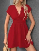 Kadın Kısa Kollu Kruvaze Yakalı Beli Lastikli Bürümcük Elbise thumbnail 2