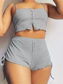 Kadın Ip Askılı Crop Bluz Ve Yanlardan Büzgülü Ikili Kaşkorse Short Takım thumbnail 1