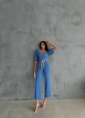 KETEN CROP KARPUZ KOL BLUZ-PANTOLON HASIR KEMERLİ - Mavi thumbnail 1