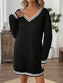 Kadın Uzun Kollu V Yakalı şerit Detaylı Kısa Viskon Iki Iplik Elbise thumbnail 5