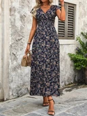 Kadın Kısa Kollu Kruvaze Yakalı çiçek Desenli Belden Lastikli Süprem Uzun Elbise thumbnail 6