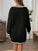 Kadın Uzun Kollu V Yakalı şerit Detaylı Kısa Viskon Iki Iplik Elbise thumbnail 2