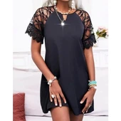 Kadın Dantelli Kısa Kollu Damla Yaka Krep Elbise thumbnail 2