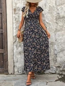 Kadın Kısa Kollu Kruvaze Yakalı çiçek Desenli Belden Lastikli Süprem Uzun Elbise thumbnail 3