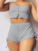 Kadın Ip Askılı Crop Bluz Ve Yanlardan Büzgülü Ikili Kaşkorse Short Takım thumbnail 3