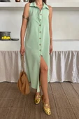 KETEN ÖNDEN DÜĞMELİ KOLSUZ GÖMLEK YAKA ELBİSE - Mint thumbnail 2