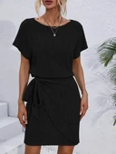 Kadın Kısa Kollu Yakası Açık Belden Lastikli Yandan Bağlamalı Kalın Fitilli Kaşkorse Elbise thumbnail 2