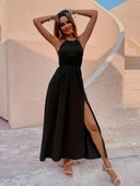 Kadın Boyundan Askılı Belden Lastikli Yandan Yırtmaç Detaylı Viskon Elbise thumbnail 5