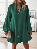 Kadın Uzun Kollu V Yakalı önden Düğmeli Kısa Sandy Elbise thumbnail 4