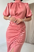 Pudra Büzgülü Saten Elbise thumbnail 3