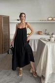 Siyah Askılı Müslin Elbise - 3
