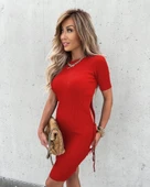 Kadın Kırmızı Kısa Kol Bel Detay Kaşkorse Elbise thumbnail 1
