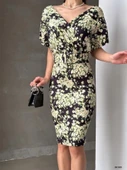 Kadın Dalgıç Kumaş V Yaka çiçek Desenli Kuşaklı Kalem Elbise thumbnail 2