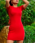 Kadın Kırmızı Kısa Kol Bel Detay Kaşkorse Elbise thumbnail 6