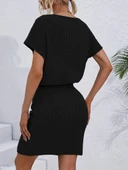 Kadın Kısa Kollu Yakası Açık Belden Lastikli Yandan Bağlamalı Kalın Fitilli Kaşkorse Elbise thumbnail 6