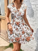Kadın Kısa Kollu Kruvaze Yakalı çiçekli Desenli Süprem Elbise thumbnail 1