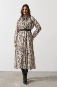 Yılan Desen Uzun Yaka Detaylı Elbise - Krem-Siyah thumbnail 2