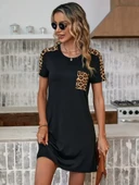 Kadın Kısa Kollu Yuvarlak Yaka Cepli Leopar Desen Detaylı Viskon Elbise thumbnail 1