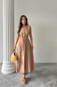 KETEN ELBİSE KOLSUZ BEL BAĞLAMALI MAXİ ELBİSE - Kahverengi thumbnail 4
