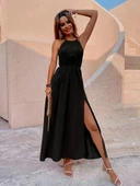 Kadın Boyundan Askılı Belden Lastikli Yandan Yırtmaç Detaylı Viskon Elbise thumbnail 6