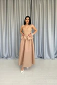 Camel Beli Büzgülü İnci Askılı Uzun Elbise thumbnail 3