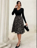 Kadın Uzun Kollu V Yakalı üst Viskon Alt çiçek Desenli Süprem Kısa Elbise thumbnail 9