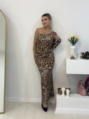 Kadın Dalgıç Kumaş Leopar Baskılı Yan Dekolte Detaylı Elbise thumbnail 1