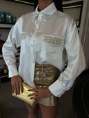 Yaka Ve Cep İnci Taşlı Saten Gömlek 3423 - 7