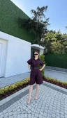 Yakalı Gömlek Kemerli Şortlu Takım - Bordo - 2