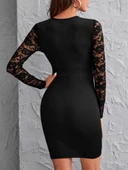 Kadın Uzun Kollu Bisiklet Yaka Kol Vegöğüs Tül Detay Krep Elbise thumbnail 2