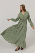 Önü Yarım Düğmeli Uzun Kol Kemerli Elbise - Haki thumbnail 1