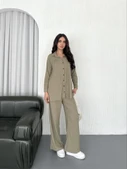 Yakalı Düğmeli Uzun Kollu Gömlek Pantolon Ikili Takım - Bej - 4