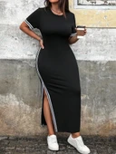 Kadın Kısa Kollu Bisiklet Yaka Yandan şerit Ve Yırtmaçlı Viskon Iki Iplik Elbise thumbnail 5