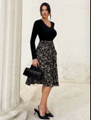 Kadın Uzun Kollu V Yakalı üst Viskon Alt çiçek Desenli Süprem Kısa Elbise thumbnail 10