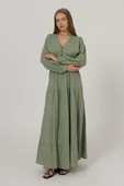 Önü Yarım Düğmeli Uzun Kol Kemerli Elbise - Haki thumbnail 3